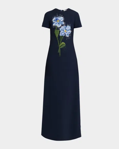 Oscar De La Renta Floral Beaded Short-sleeve A-line Gown In Blue