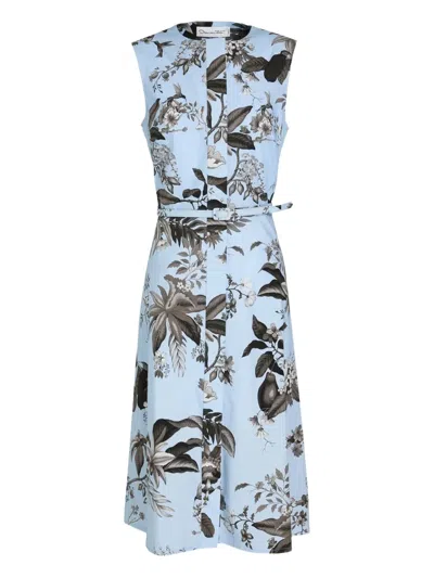 Oscar De La Renta Floral Belted Shirt Midi Dress In Blue
