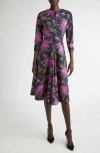 Oscar De La Renta Zip Front Chrysanthemum Midi Dress In Purple/navy