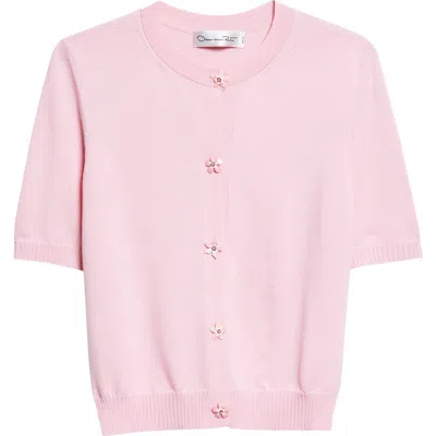 Oscar De La Renta Floral Button Crop Virgin Wool Cardigan In Pink