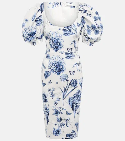 Oscar De La Renta Floral Cotton-blend Midi Dress In Blue