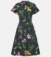 Oscar De La Renta Orchid Print Fit-flare Midi Poplin Dress In Blue