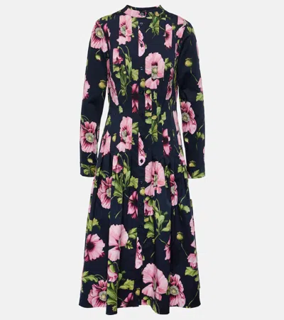 Oscar De La Renta Poppies-print Long-sleeve Pleated Poplin Midi Shirtdress In Navy Pink