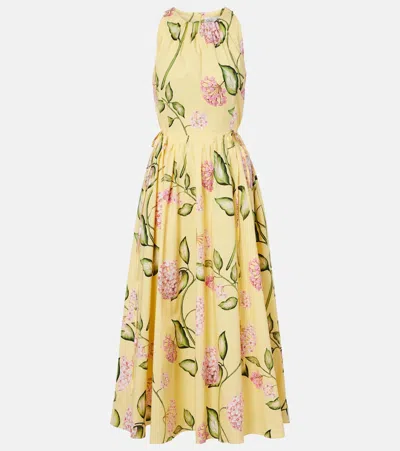 Oscar De La Renta Sleeveless Porcelain Flower Waist-tie Midi Dress In Yellow