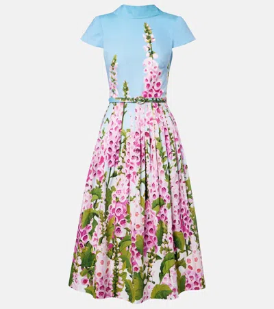 Oscar De La Renta Cap-sleeve Foxglove-print Pleated Cotton Poplin Midi Dress In Multi