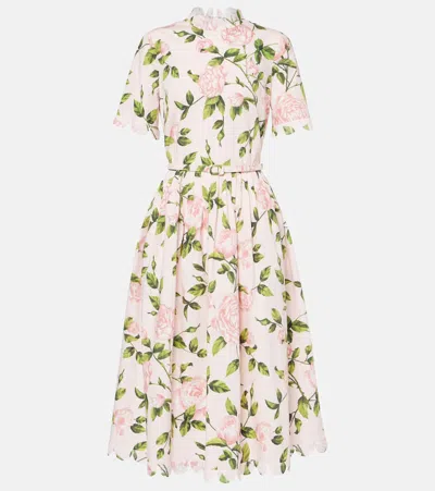 Oscar De La Renta Floral Cotton-blend Poplin Midi Dress In Pink