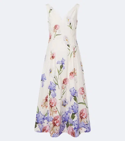 Oscar De La Renta Floral Cotton Poplin Cocktail Dress In Blue