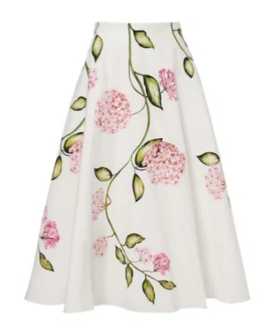 Oscar De La Renta Porcelain Flowers Stretch Cotton Poplin A-line Midi Skirt In Multi