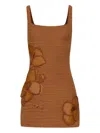 Oscar De La Renta Leather-trimmed Crocheted Cotton Mini Dress In Brown