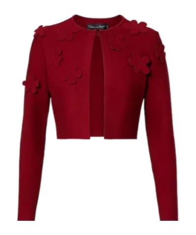 Oscar De La Renta Floral Cropped Cardigan In Red