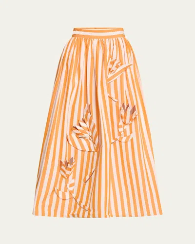 Oscar De La Renta Floral Cut Out Striped Cotton Maxi Skirt In Clementinewhite