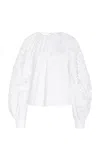 Oscar De La Renta Floral Cutout Cotton Poplin Top In White