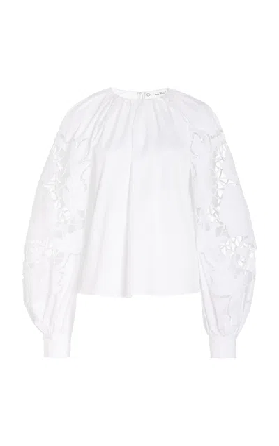 Oscar De La Renta Floral Cutout Cotton Poplin Top In White