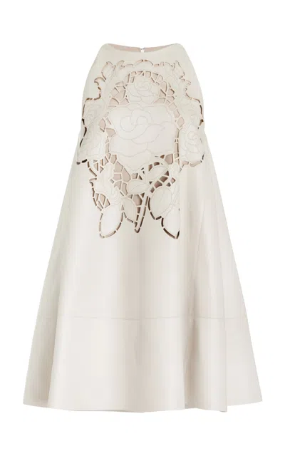 Oscar De La Renta Floral Cutout Leather Trapeze Mini Dress In Off-white