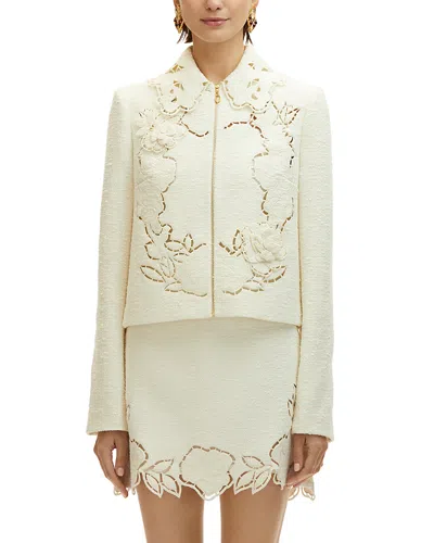 Oscar De La Renta Floral Detail Tweed Jacket In Ivory