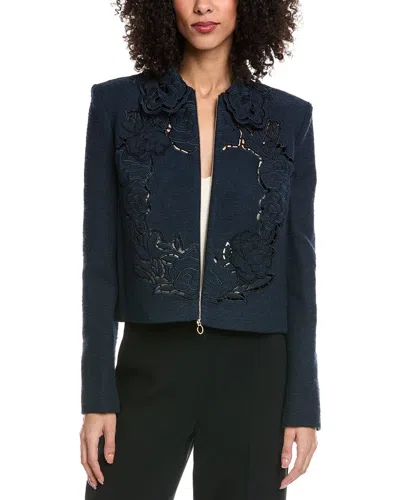 Oscar De La Renta Floral Detail Tweed Silk-lined Wool-blend Jacket In Blue