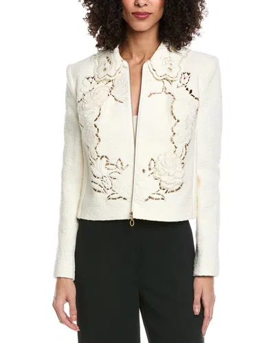 Oscar De La Renta Floral Detail Tweed Silk-lined Wool-blend Jacket In White