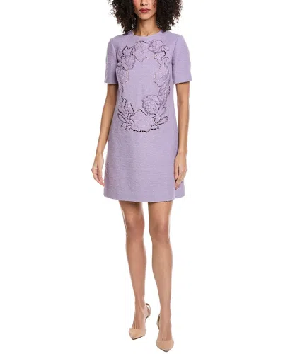 Oscar De La Renta Floral Detail Tweed Silk-lined Wool-blend Shift Dress In Purple