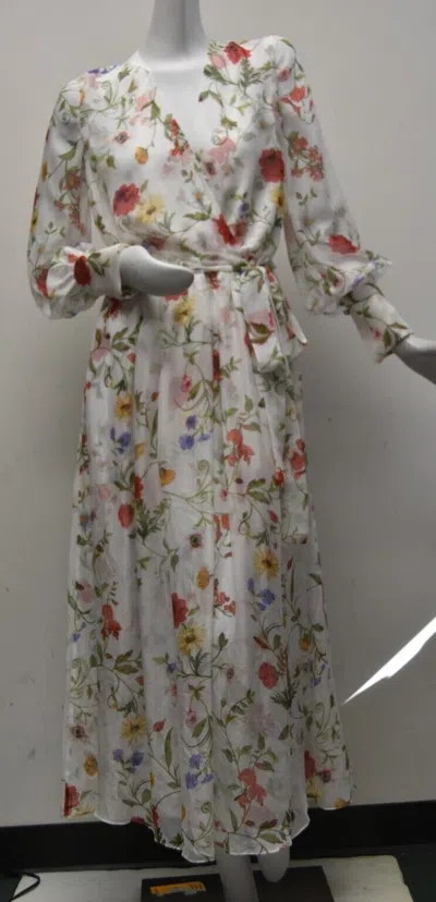 Pre-owned Oscar De La Renta Floral Dress V Neck Long Sleeve Belted 4 6 In Blue Beige Ivory Pink
