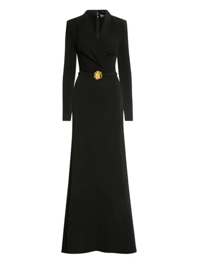 Oscar De La Renta Floral-embellished Belted Gown In Black