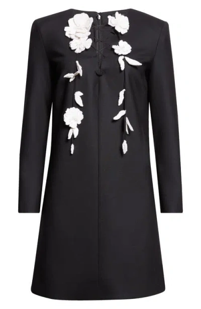 Oscar De La Renta Floral Embellished Long Sleeve Shift Dress In Black