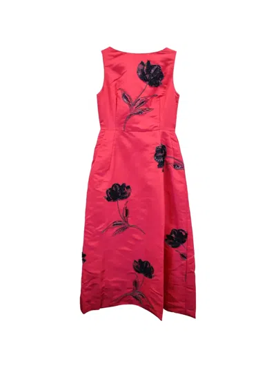 Pre-owned Oscar De La Renta Floral-embellished Sleeveless Dress In Red