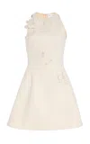 Oscar De La Renta Floral-embroidered Cotton-wool Tweed Mini Dress In Ivory