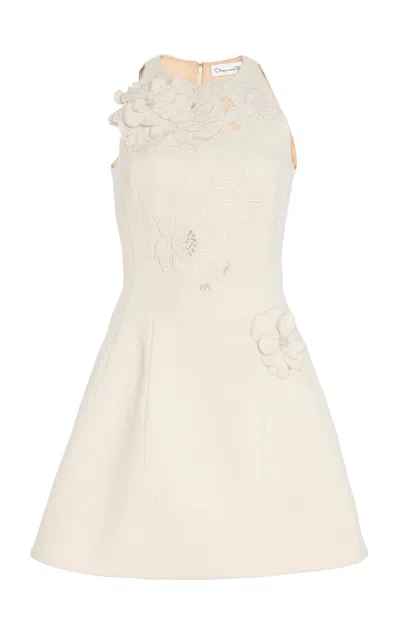 Oscar De La Renta Floral-embroidered Cotton-wool Tweed Mini Dress In Ivory