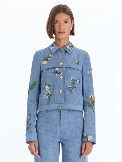 Oscar De La Renta Floral Embroidered Denim Jacket In Black
