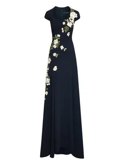 Oscar De La Renta Floral-embroidered Evening Dress In Blue