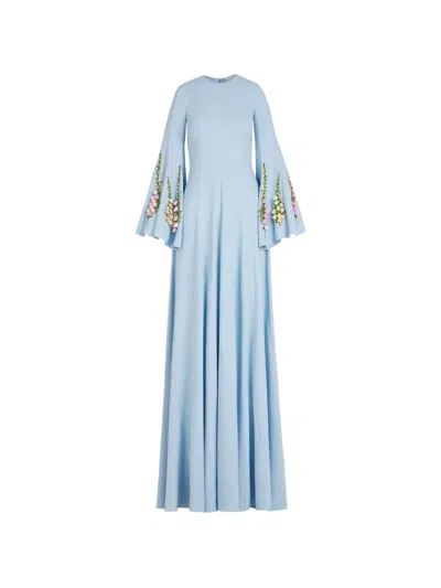 Oscar De La Renta Foxglove Embroidered Bell Sleeve Caftan In Blue