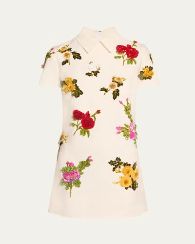 Oscar De La Renta Floral Embroidered Mini Wool Shift Dress In White