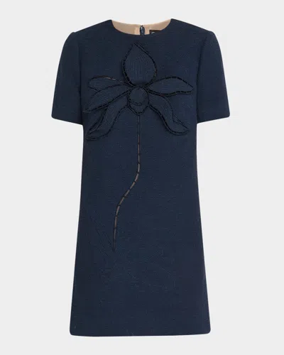Oscar De La Renta Floral Embroidered Short Cotton Tweed Shift Dress In Blue