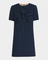 Oscar De La Renta Floral Embroidered Short Cotton Tweed Shift Dress In Navy