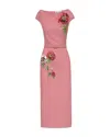 Oscar De La Renta Floral Embroidered Short Sleeve Dress In Yellow
