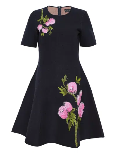 Oscar De La Renta Floral-embroidered Short-sleeve Mini Dress In Black