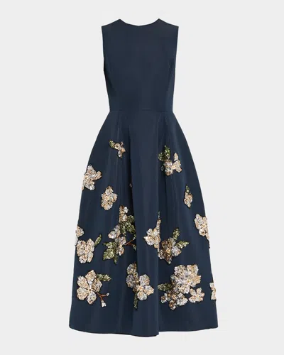 Oscar De La Renta Floral Embroidered Sleeveless Midi Cocktail Dress In Blue