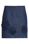 Oscar De La Renta Floral Embroidered Stretch Denim Miniskirt In Blue