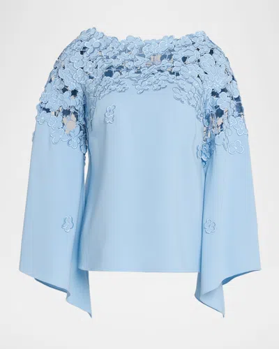 Oscar De La Renta Floral Embroidered Stretch Silk Bell-sleeve Blouse In Blue