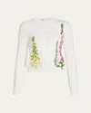 Oscar De La Renta Floral Embroidered Wool Crewneck Cardigan In White