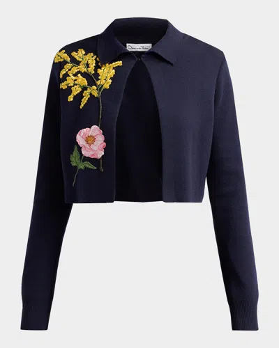 Oscar De La Renta Floral Embroidered Wool Crop Collared Cardigan In Navy