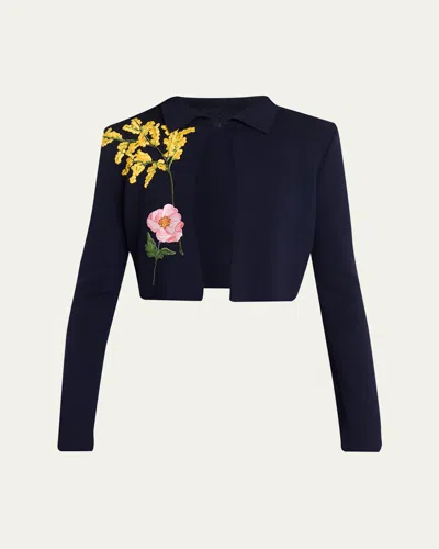 Oscar De La Renta Floral Embroidered Wool Crop Collared Cardigan In Navy
