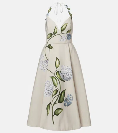 Oscar De La Renta Porcelain Flower Embroidered Halter Midi Day Dress In Neutral