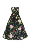 Oscar De La Renta Strapless English Roses Faille Tea-length Dress In Navy