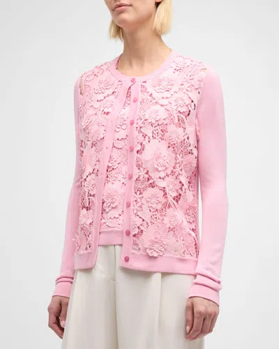 Oscar De La Renta Floral Guipure Inset Long-sleeve Crewneck Cardigan In Soft Pink