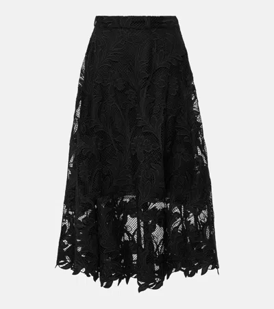 Oscar De La Renta Floral Guipure Lace Midi Skirt In Black