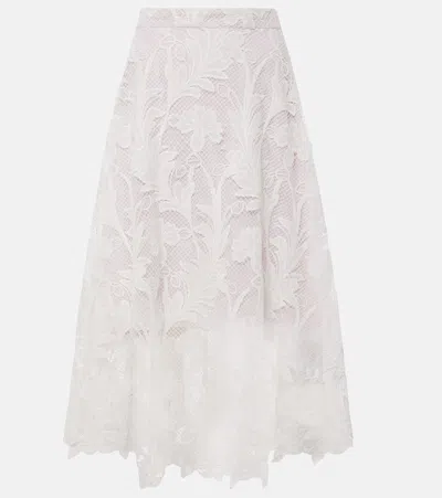 Oscar De La Renta Floral Guipure Lace Midi Skirt In White