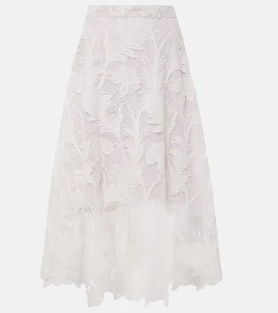 Oscar De La Renta Floral Guipure Lace Midi Skirt In Metallic