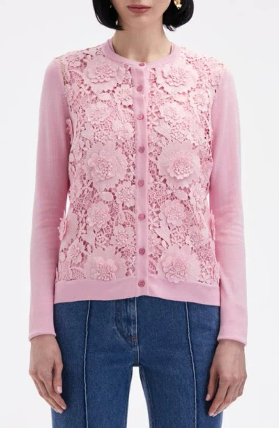Oscar De La Renta Floral Guipure Inset Long-sleeve Crewneck Cardigan In Rosehip