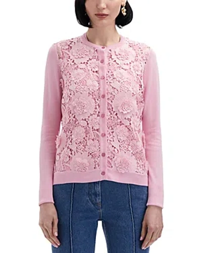 Oscar De La Renta Floral Guipure Long Sleeve Silk Cardigan Sweater In Soft Pink